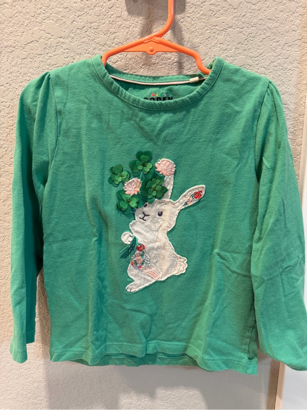 Mini Boden Girls Green Long-Sleeve Bunny Applique Tee